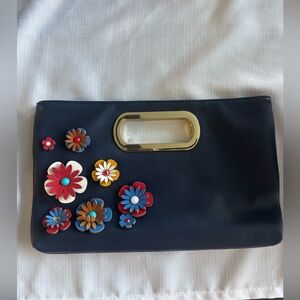 Imoshion Navy Faux-Leather Clutch with Multicolor Floral Accents and Gold Handle